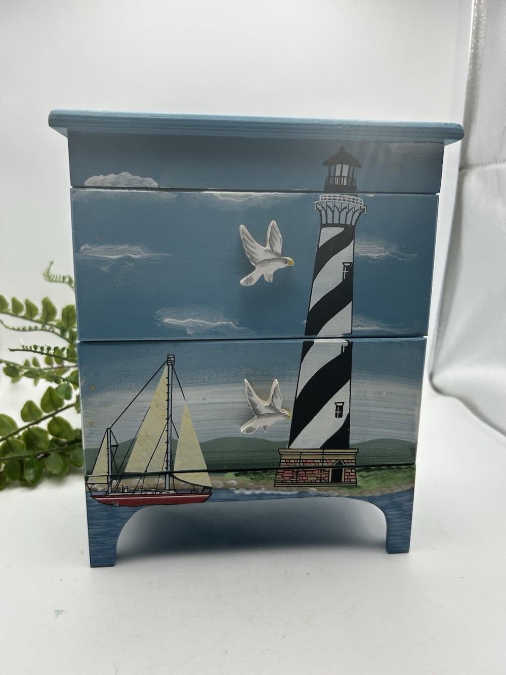 Nautical Lighthouse and Sailboat Mini Wooden Chest